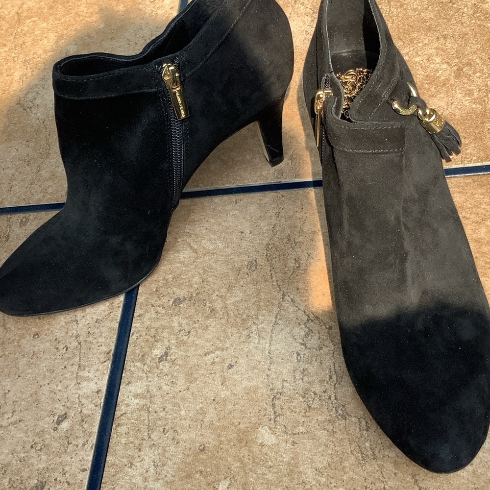Vince Camuto Black Suede Ankle Booties with Gold Hardware